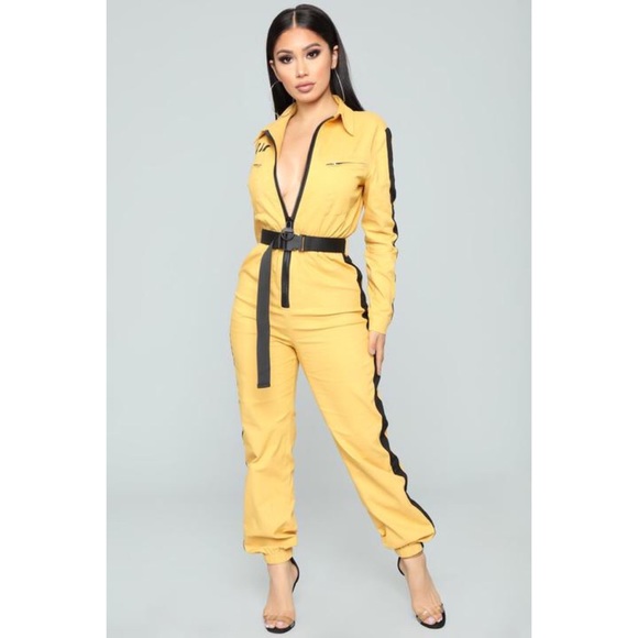 yellow zip up jumpsuit